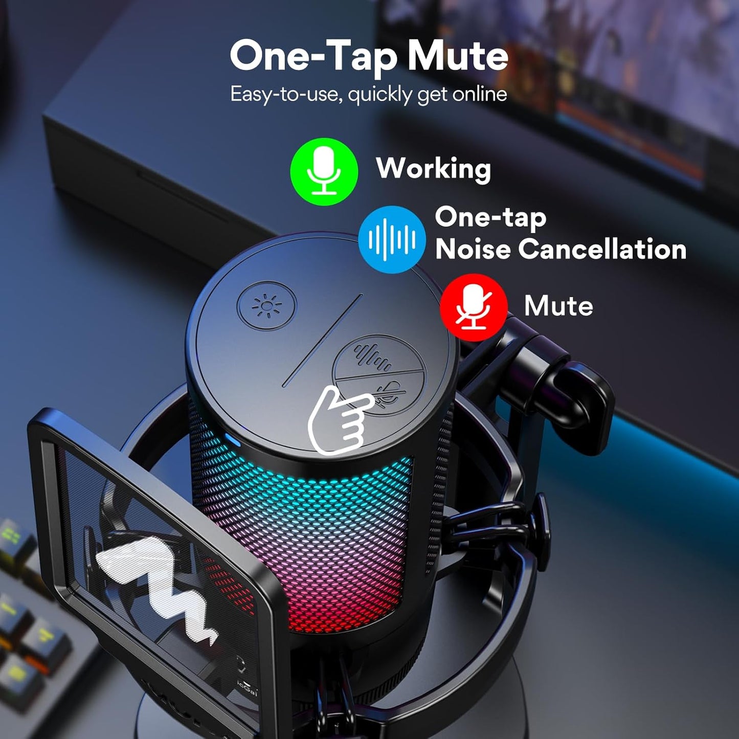 MAONO Micrófono Gaming, USB Micrófono Condensador Con Cancelación De Ruido Para Streaming Podcast Studio, Compatible Con Ps5/Ps4/Mac Con Luces RGB Controlables, Botón De Silencio, Control De Ganancia