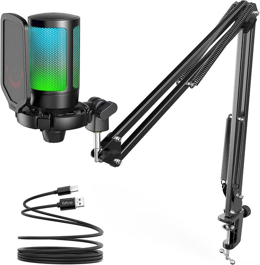 FIFINE Gaming Microfono Para PC USB, RGB Kit De Micrófono De Condensador Para Ordenador PS4 PS5, Con Botón De Silencio, Filtro Anti-Pop, Soporte De Choque, Soporte Microfono