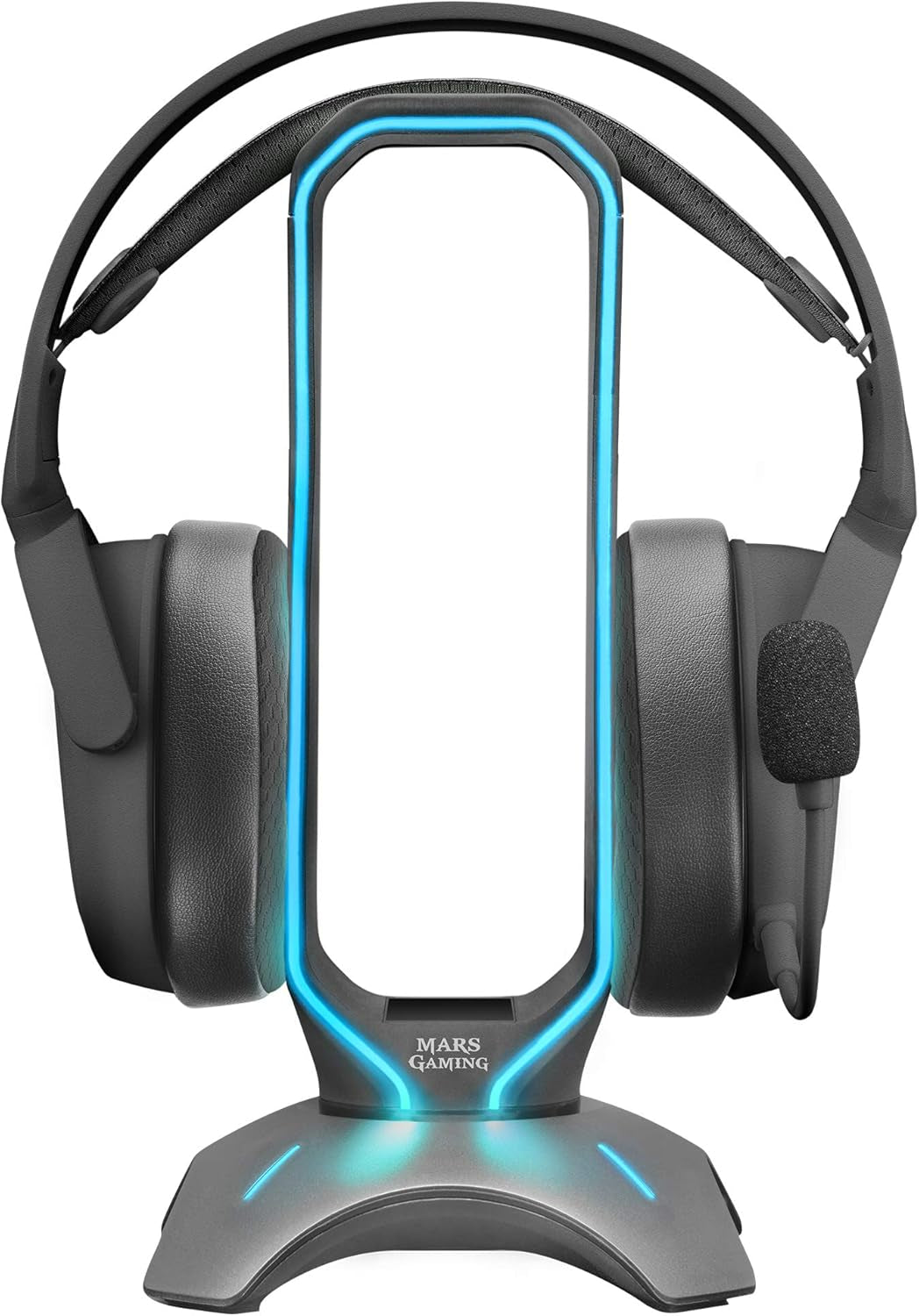 Mars Gaming MHHX, Soporte Para Auriculares Con Iluminación RGB Flow, HUB Con 2 Puertos USB 2.0, Diseño Vertical Compacto, Base Antideslizante Y Curvatura Protectora, Grafito