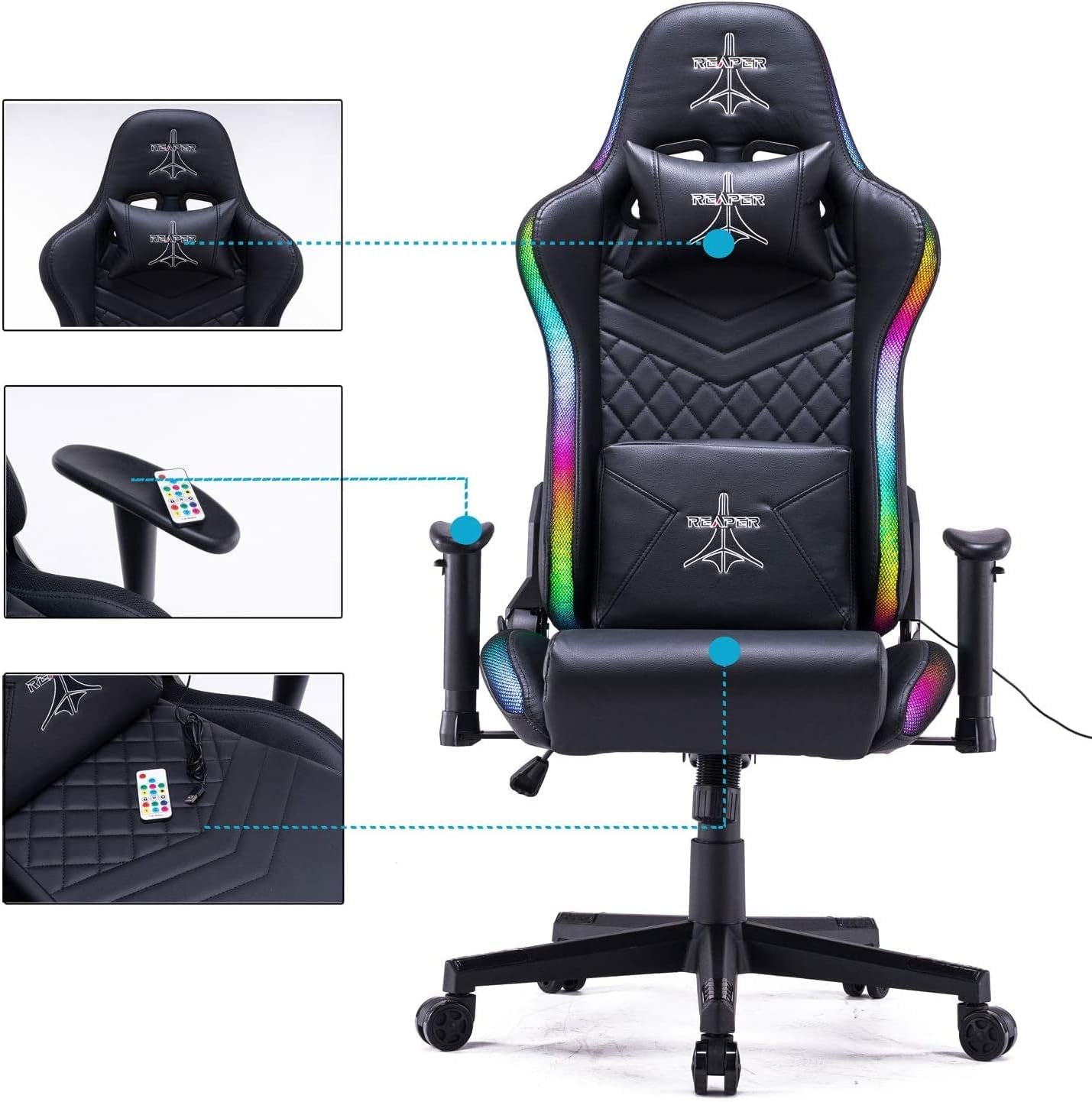 La Voglia Di Fare Reaper - Silla De Gaming Profesional Con Tecnología LED RGB Integrada, Respaldo Reclinable, Perfiles LED Coloridos Personalizables Con Amplia Selección De Color (Negro)