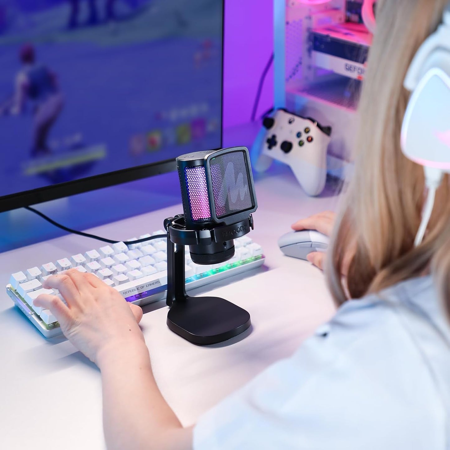 MAONO Micrófono Gaming, USB Micrófono Condensador Con Cancelación De Ruido Para Streaming Podcast Studio, Compatible Con Ps5/Ps4/Mac Con Luces RGB Controlables, Botón De Silencio, Control De Ganancia
