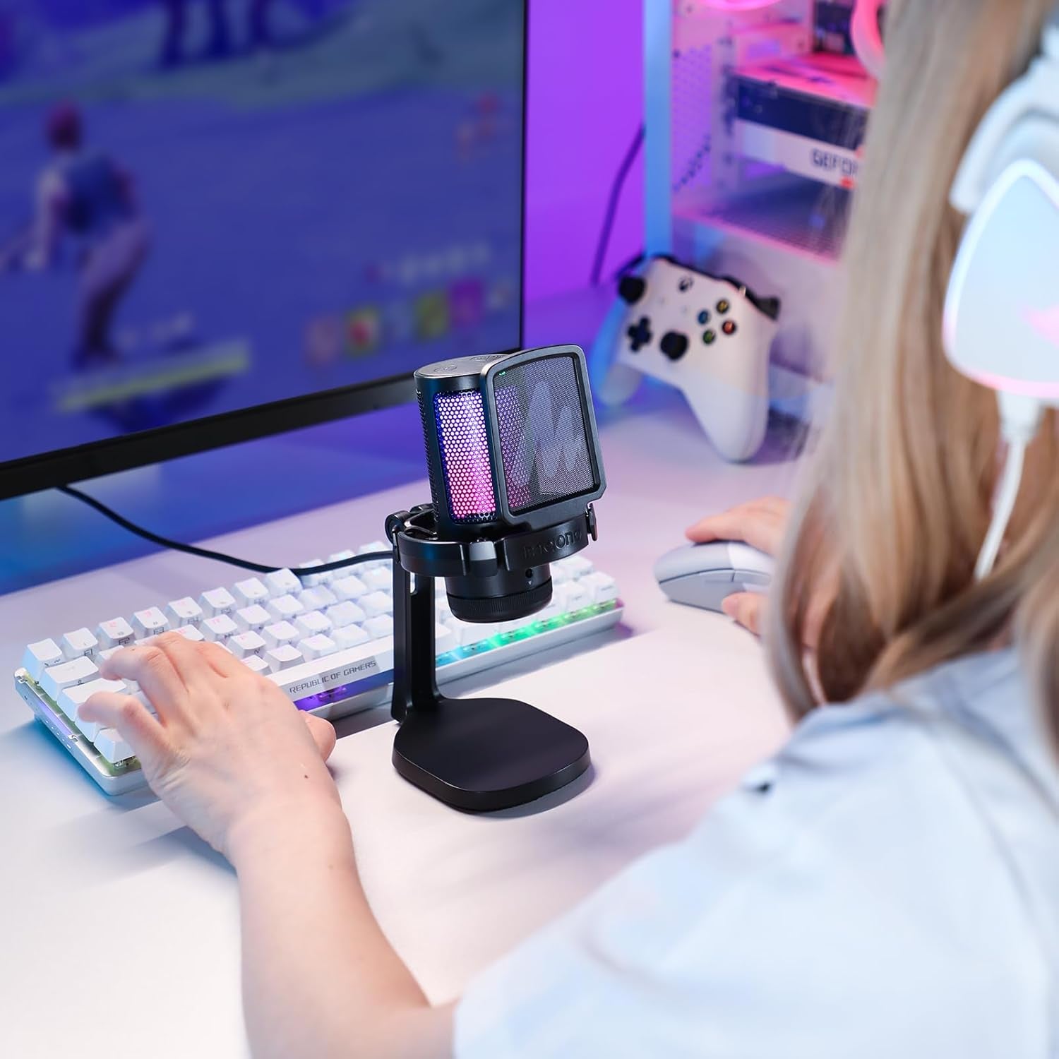 MAONO Micrófono Gaming, USB Micrófono Condensador Con Cancelación De Ruido Para Streaming Podcast Studio, Compatible Con Ps5/Ps4/Mac Con Luces RGB Controlables, Botón De Silencio, Control De Ganancia
