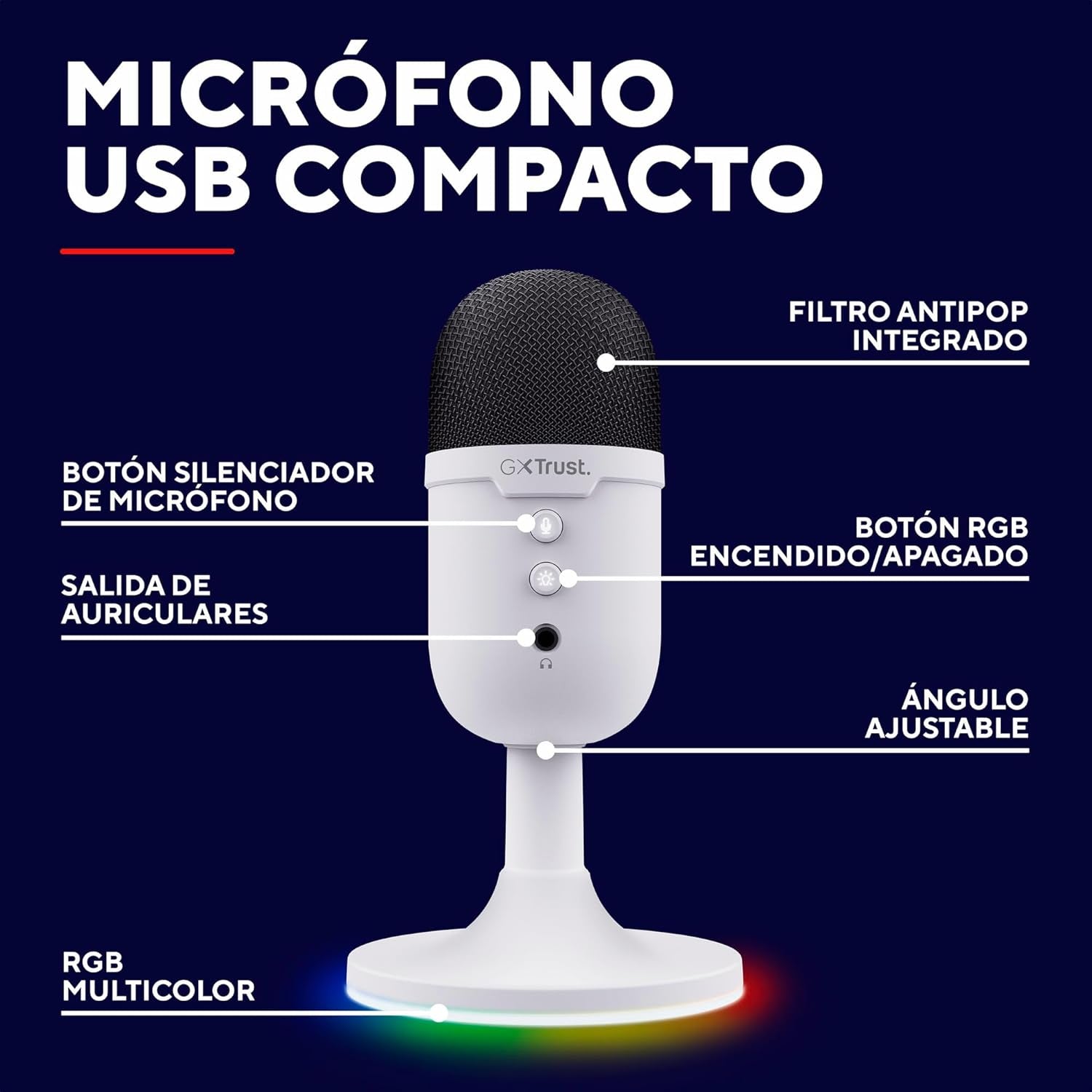 Trust Gaming GXT 236W Yami Micrófono PC USB Para Streaming Podcast Twitch Discord ASMR Youtube Playstation 5 Juegos, Micrófono De Condensador Cardioide, Micro Con Iluminación LED RGB - Blanco