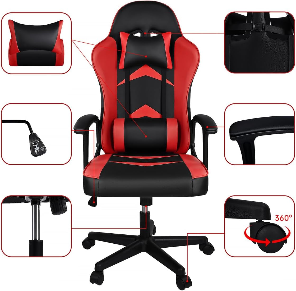 Silla Gaming Ergonómica Reclinable Con Cojín Lumbar Y Cervical | Respaldo Alto Acolchado | Altura Ajustable | Ruedas Giratorias 360° Y Reposabrazos | Ideal Ordenador, Oficina, Videojuego O Escritorio