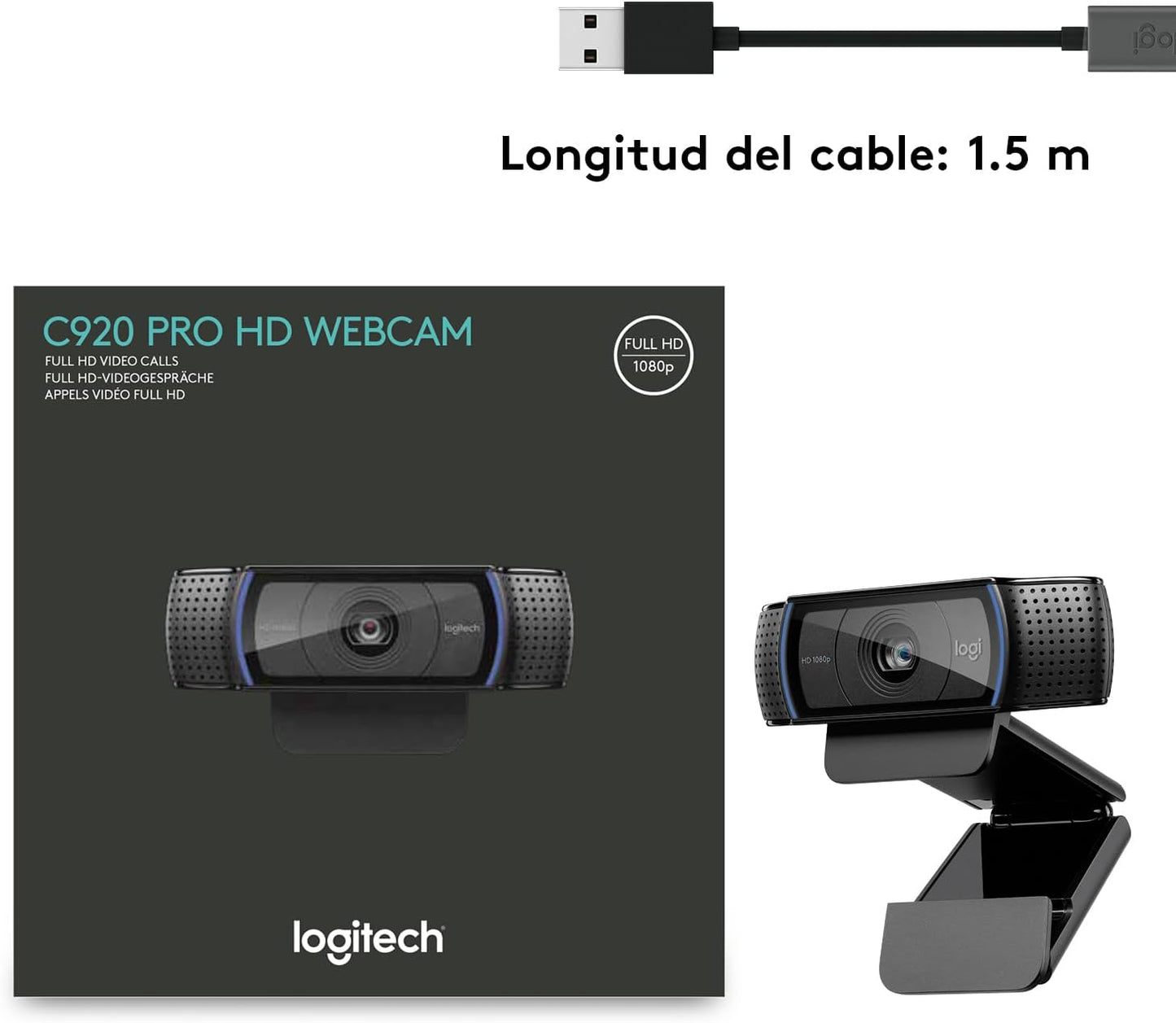 Logitech C920 HD Pro Webcam,Videoconferencias1080P/30 Fps,Sonido Estéreo,Corrección De Iluminación Hd,Skype/Hangouts/Facetime, Pc/Mac/Android/Chromebook, Funcionan Con Teams, Google Meet, Zoom-Negro