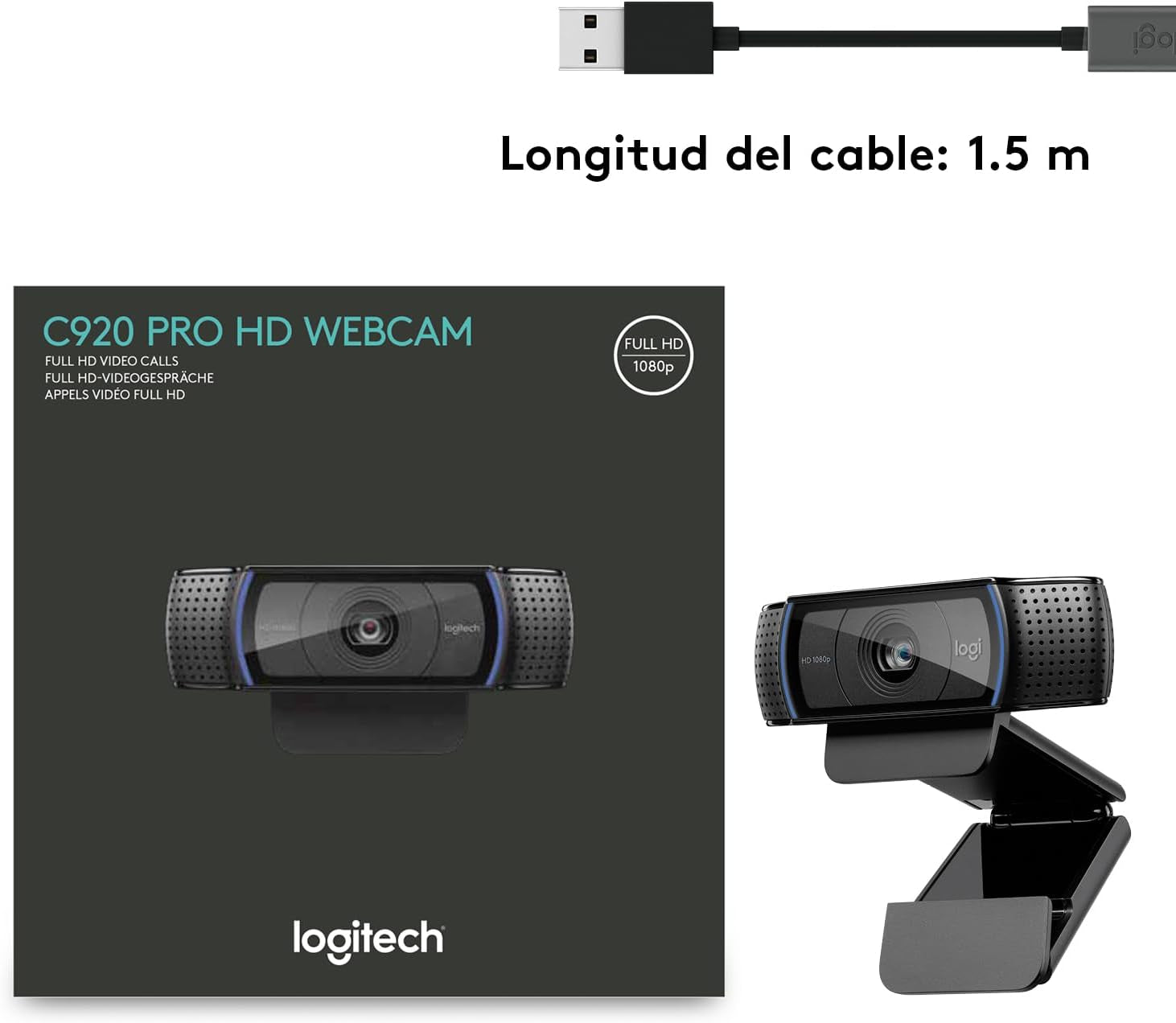 Logitech C920 HD Pro Webcam,Videoconferencias1080P/30 Fps,Sonido Estéreo,Corrección De Iluminación Hd,Skype/Hangouts/Facetime, Pc/Mac/Android/Chromebook, Funcionan Con Teams, Google Meet, Zoom-Negro