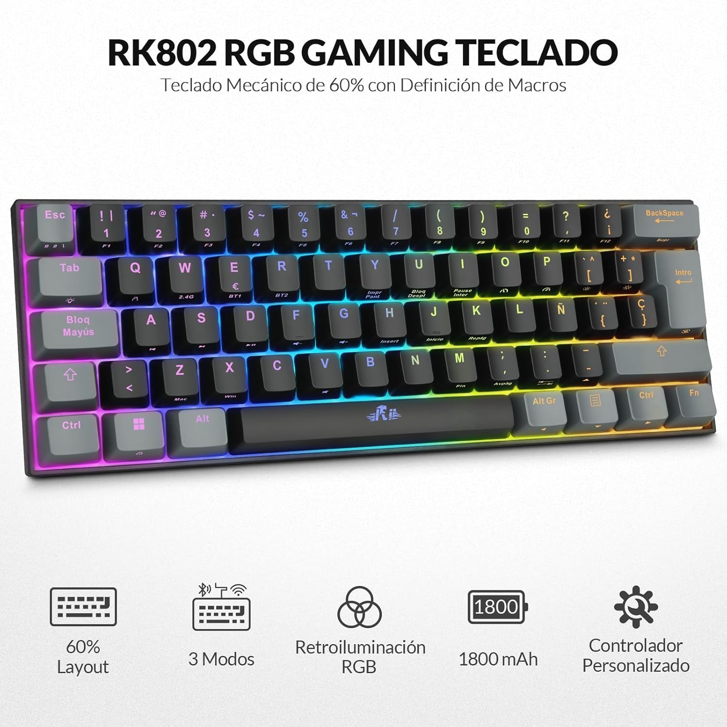 RK802 Teclado Gaming Mecánico, 3 Modos De Conectividad, Retroiluminación RGB, 60% Layout Español (Interruptores Rojos)
