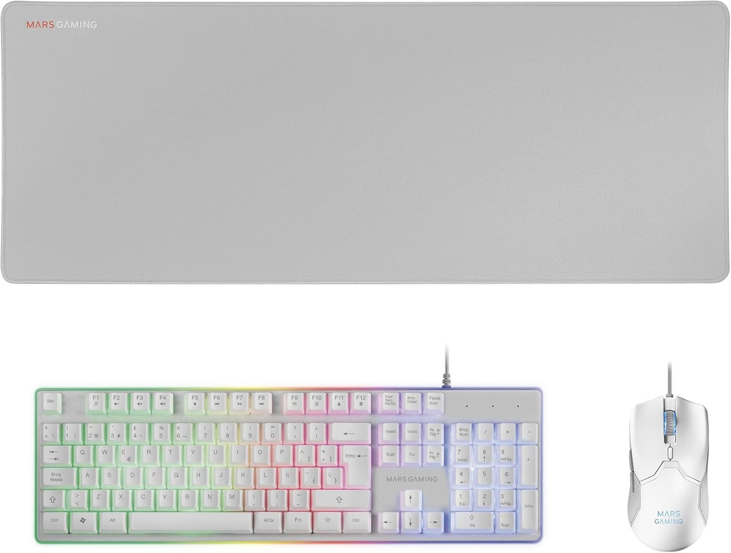 Mars Gaming MCPX, Combo Gaming 3En1 Con Teclado H-Mech Iluminado, Ratón Ultraligero 10000 Dpi Con Software Y Alfombrilla XXL, Compatible Con PC, PS4, PS5, Xbox, Idioma Español, Blanco