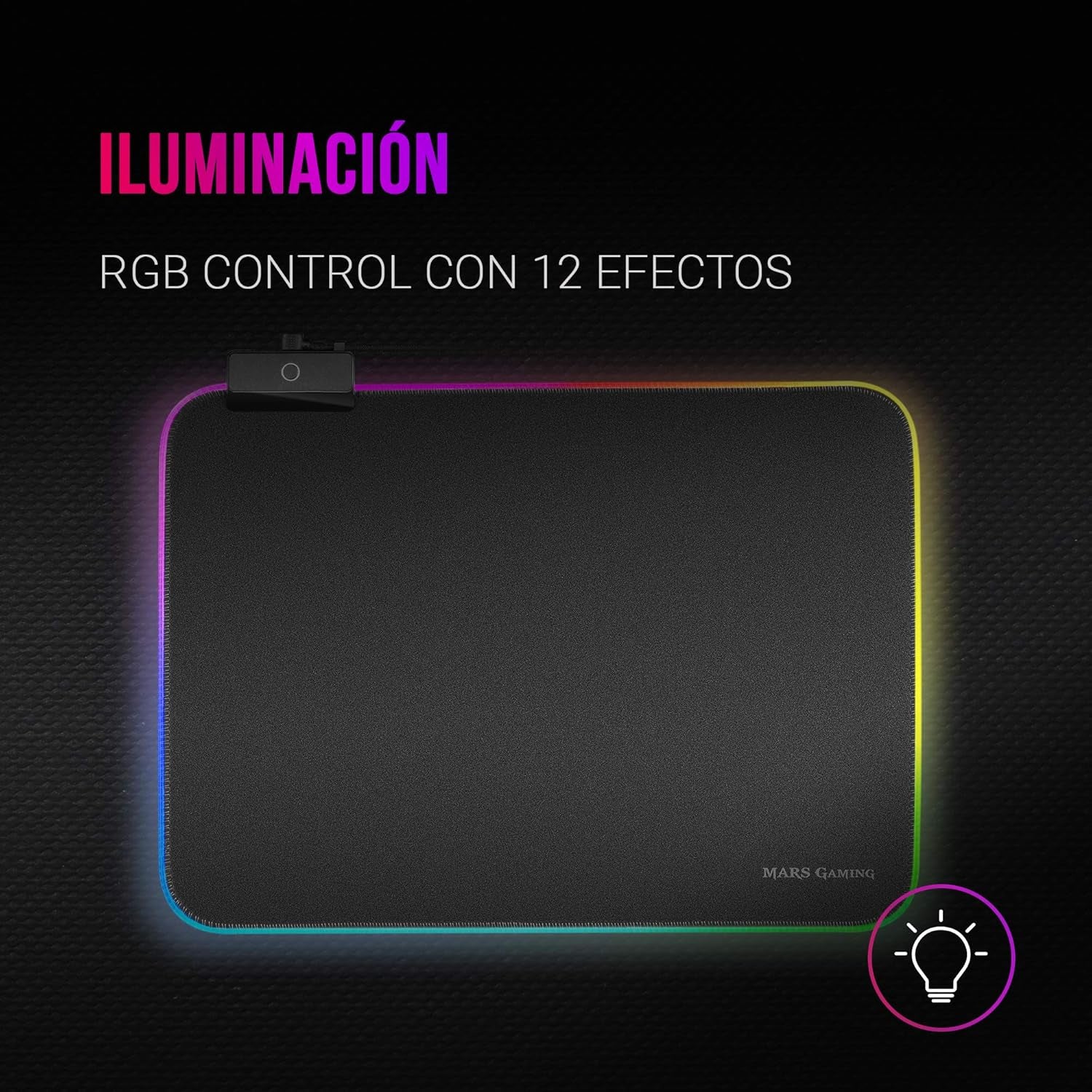 Mars Gaming MMPRGBL, Alfombrilla Gaming RGB 365X265Mm Con 12 Modos De Iluminación, Fibra Óptica, Superficie Nanotextil, Borde Reforzado, Cable Trenzado, Antideslizante, Negro