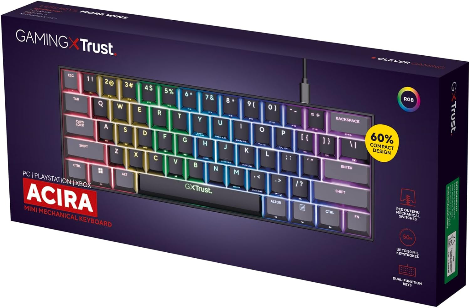 Trust Gaming GXT 867 Acira Teclado Mecánico 60% Español QWERTY, Teclas De Doble Función, Iluminación RGB, Mini Teclado Gaming Compacto Programmable Con Cable USB PC Portátil - Negro/Gris