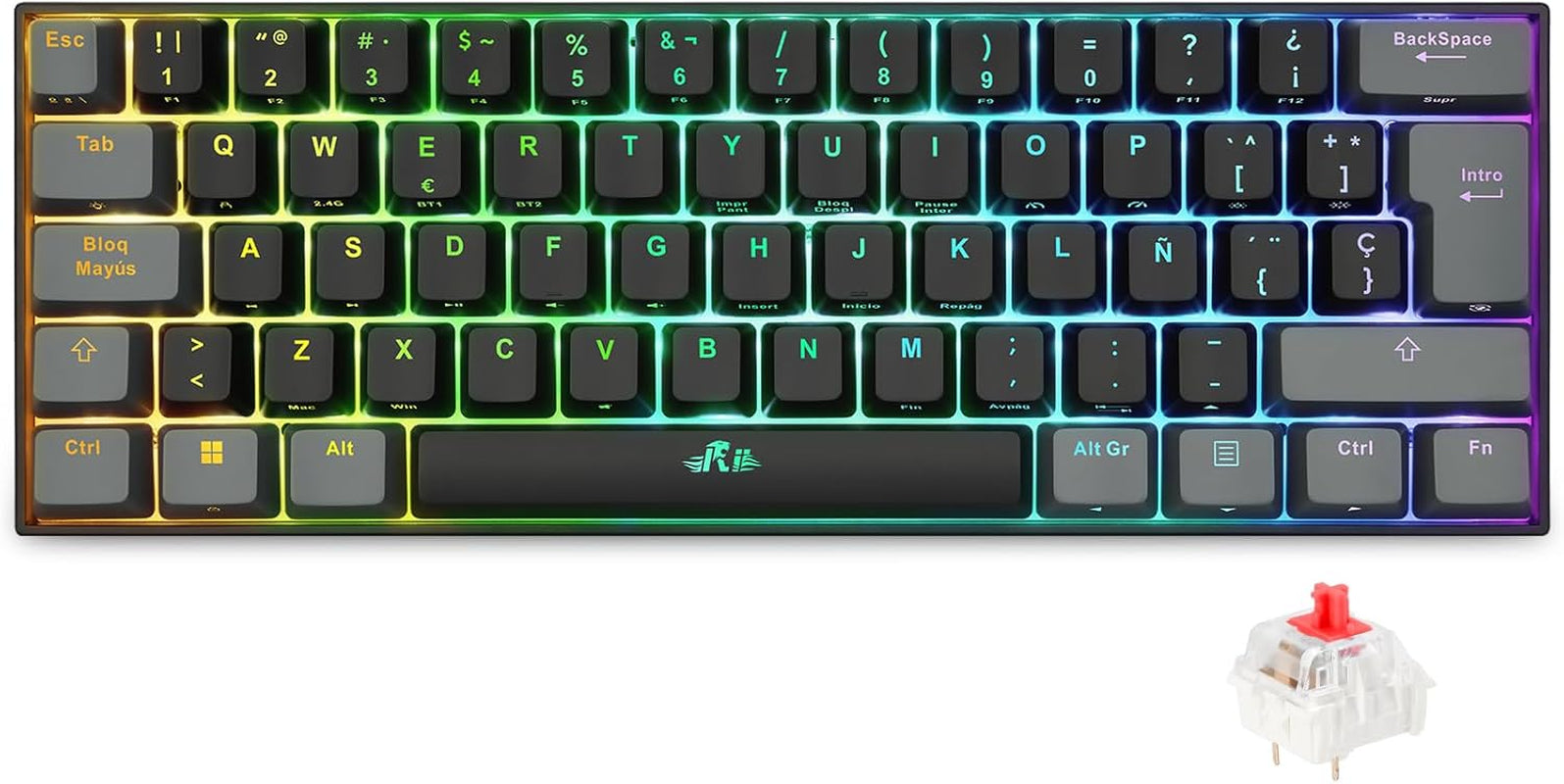 RK802 Teclado Gaming Mecánico, 3 Modos De Conectividad, Retroiluminación RGB, 60% Layout Español (Interruptores Rojos)
