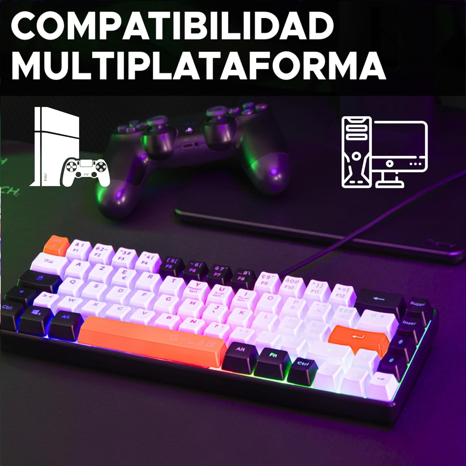 The G-Lab Keyz Hydrogen - Teclado Gaming QWERTY – Incluye Ñ - Semi Mecanico - Teclado Gamer 60%, Retroiluminación Multicolor - Silencioso, Para PC,PS4,PS5