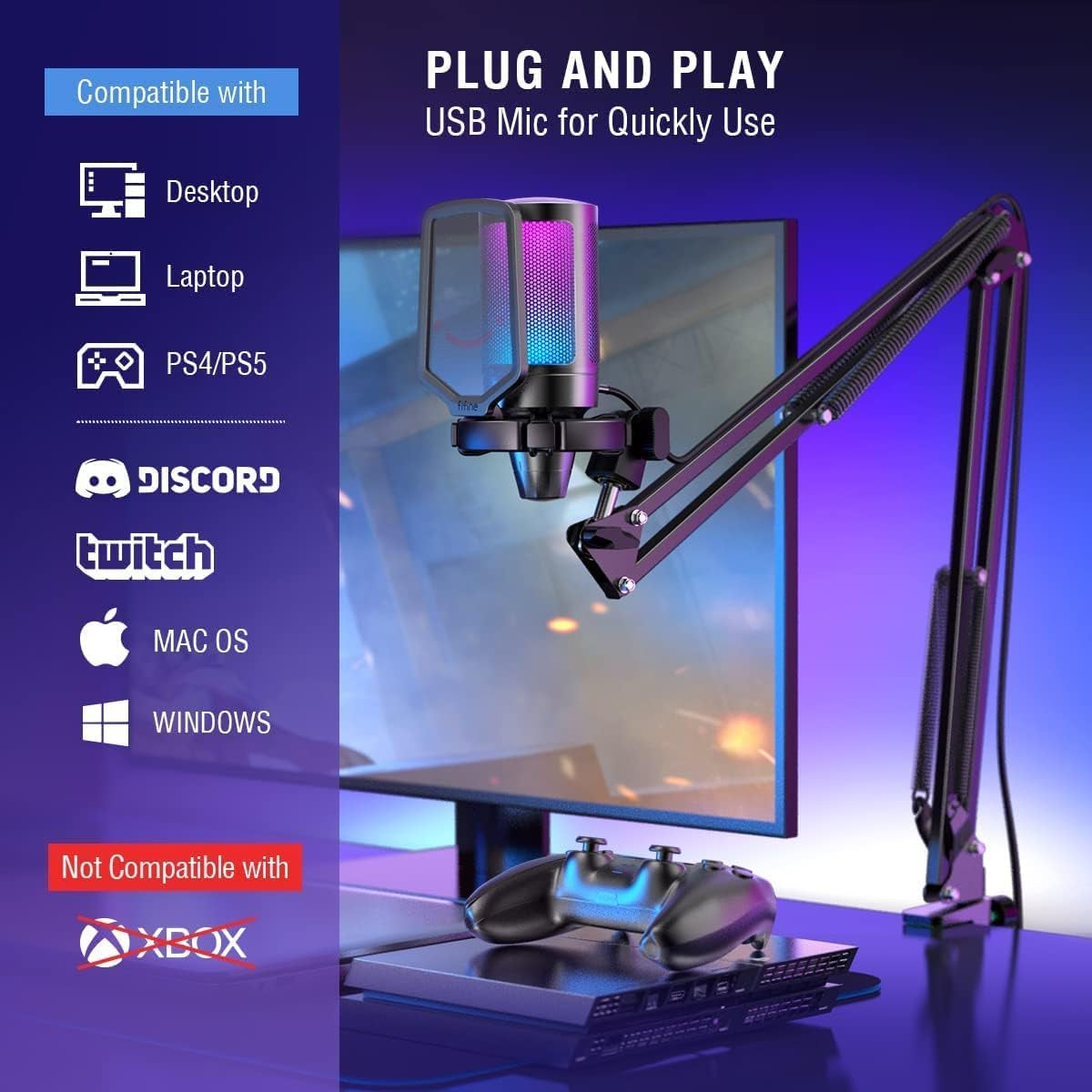 FIFINE Gaming Microfono Para PC USB, RGB Kit De Micrófono De Condensador Para Ordenador PS4 PS5, Con Botón De Silencio, Filtro Anti-Pop, Soporte De Choque, Soporte Microfono