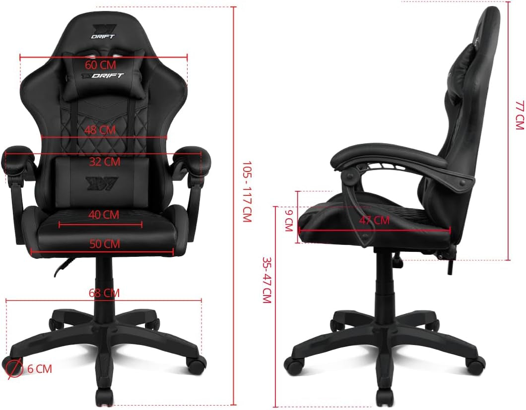 DRIFT GAMING DR35 – Silla Gaming Ergonómica Profesional Con Reposabrazos 2D Ajustables, Soporte Lumbar Y Cervical, Reclinable 135°, Tapizado En Cuero Sintético, Ruedas Silenciosas, Base Robusta, Negro