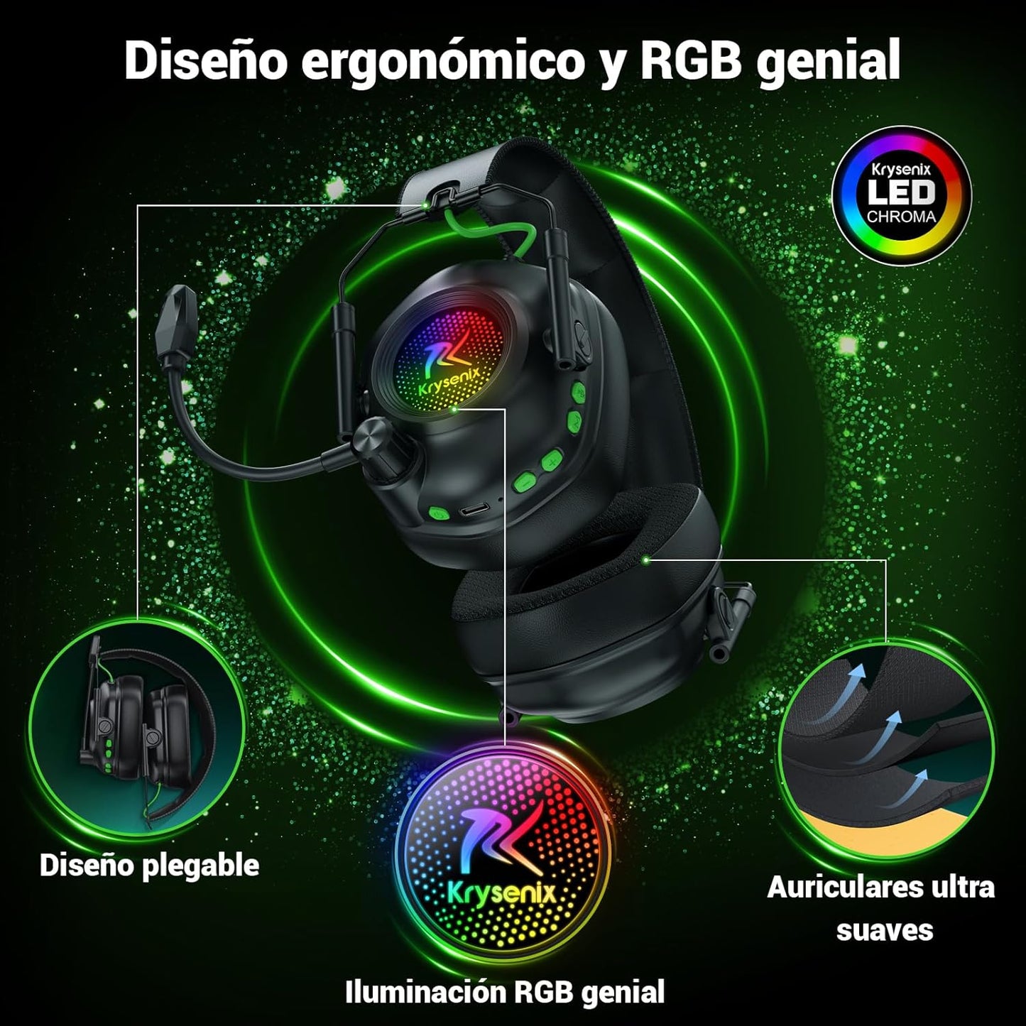 KGH2 Cascos Gaming Inalámbricos, 2.4 Ghz Auriculares Gaming Para PS4, PS5, PC, Mac, Switch, Auriculares Bluetooth Con Micrófono, Cancelación De Ruido, Luz LED Y Duración 40Hr+, Negro