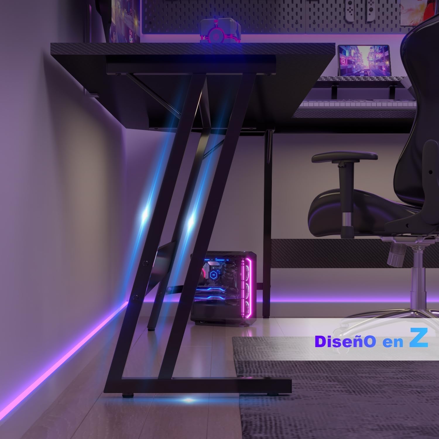Devoko Escritorio Gaming De Esquina,120 X 120Cm,Escritorio Gamer En Forma De L Con Soporte De Monitor, Para Estudio,Oficina,Gaming,Dormitorio(Carbono Negro)